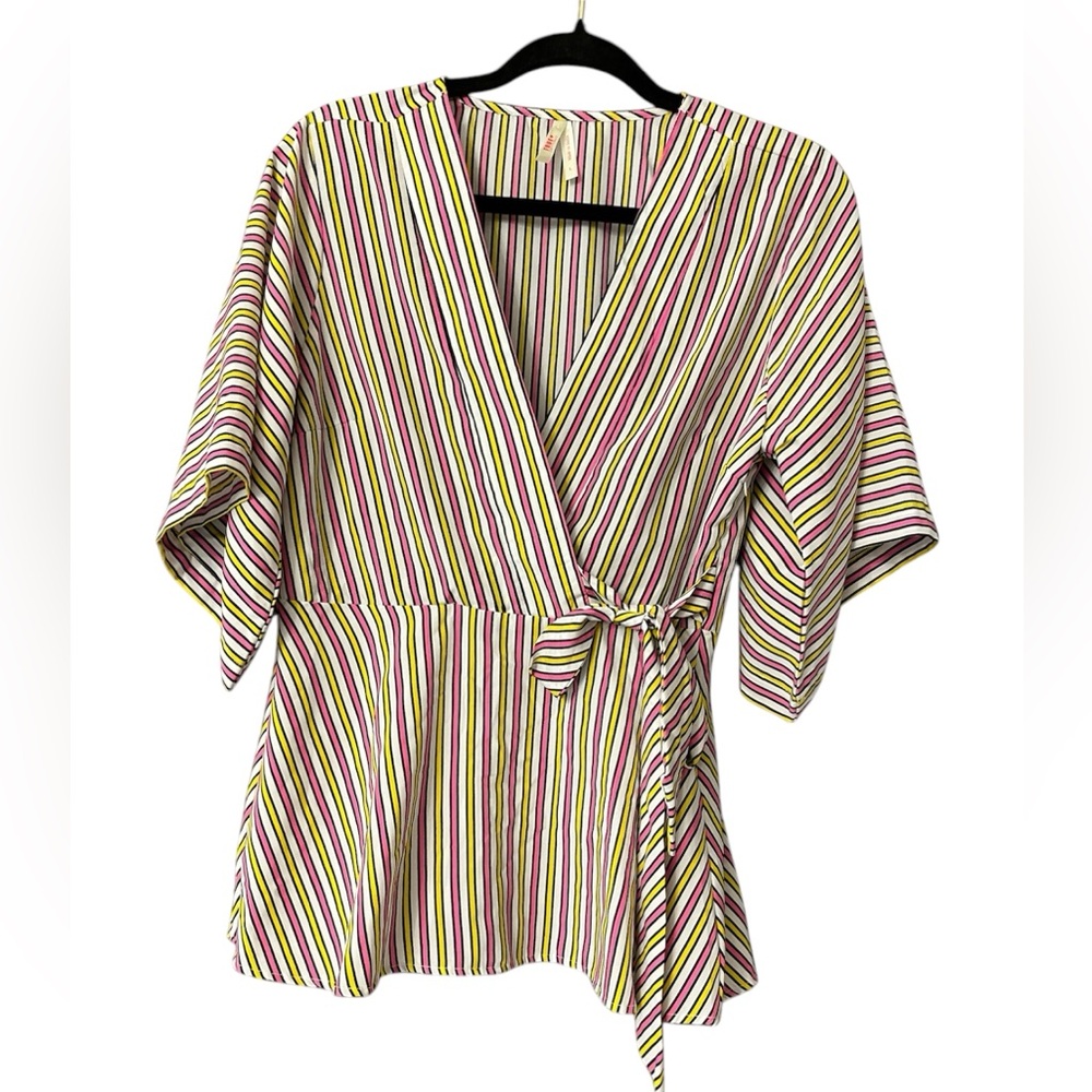 True destiny tie front striped Vneck blouse